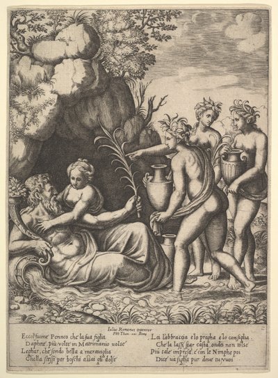 Daphne abraçando o seu pai, o deus-rio Peneus, à esquerda três ninfas trazem frascos ..., 1530-60. de Master of the Die