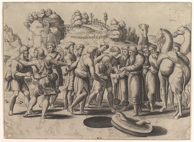 José no centro sendo vendido por seus irmãos em pé acima de um poço, camelos à direita, 1533. de Master of the Die