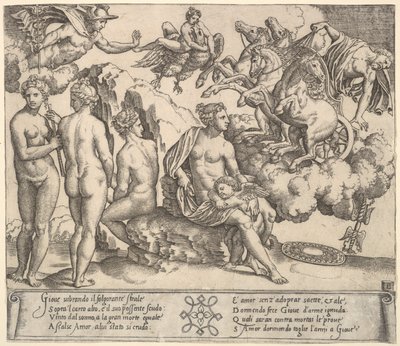 Júpiter a cair de uma carruagem puxada por cavalos à direita, Ganímedes em forma de águia..., 1530-60. de Master of the Die