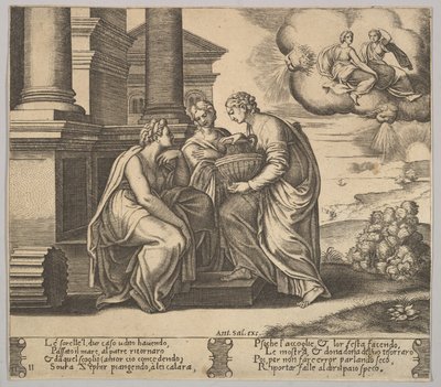 Prato 11: Psyche dá presentes às suas irmãs, de "A Fábula de Psyche", 1530-60. de Master of the Die