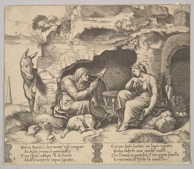 Prato 1: Apuleius transformou-se num burro a ouvir a história contada pela velha mulher sp..., 1520-70. de Master of the Die