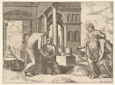 Placa 22: Vênus ordenando a Psyche para separar um monte de grãos, da "Fábula da Psyche", 1530-60. de Master of the Die