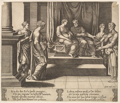 Placa 3: As duas irmãs de Psyche são casadas com reis, de "The Fable of Psyche", 1530-60. de Master of the Die