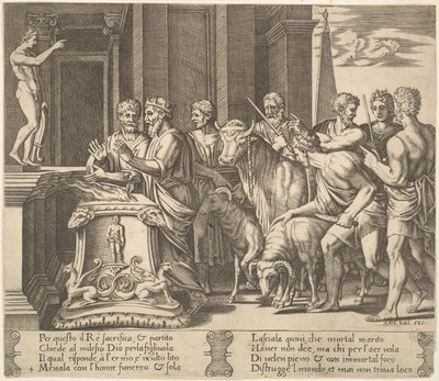 Placa 4: O pai de Psyche consultando o oráculo, de "The Fable of Psyche", 1530-60. de Master of the Die