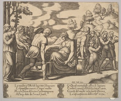 Placa 5: Psyche carregada numa ninhada para uma montanha, de "The Fable of Psyche", 1530-60. de Master of the Die