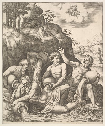 Deuses do rio consolando Peneus pela perda de sua filha, Daphne de "A História de Apo..., 1530-60". de Master of the Die