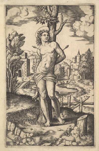 São Sebastião amarrado a uma árvore perfurada por flechas, 1530-60. de Master of the Die