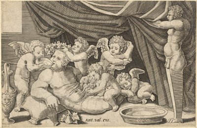 Speculum Romanae Magnificentiae: Bacchus rodeado por Putti com Priapus segurando..., século XVI. de Master of the Die