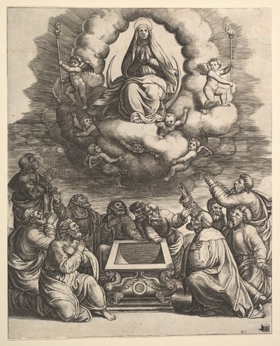 A Assunção da Virgem, abaixo dos apóstolos cercam o túmulo, 1530-60. de Master of the Die
