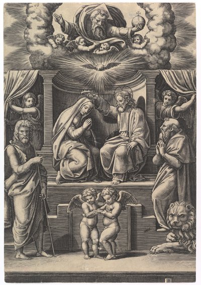 A Coroação da Virgem, em baixo à esquerda fica São João Baptista, em baixo à direita ..., 1530-60. de Master of the Die