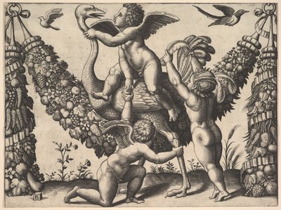 Três putti perante uma grande grinalda, o do meio monta uma avestruz, de um ..., ca. 1530-40. de Master of the Die