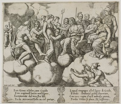 Vênus e Cupido pleiteando sua causa na presença de Júpiter e outros deuses de Master of the Die
