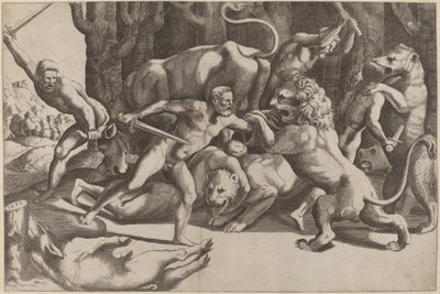 Cinco homens lutando contra feras de Master of the Die after Giulio Romano