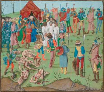 Consequência da batalha de Nicopol O massacre dos cristãos como vingança pelo massacre de Rahova. Jean Froissart, Crónicas, Flandres, Bruges de Master of the Dresden Prayer Book