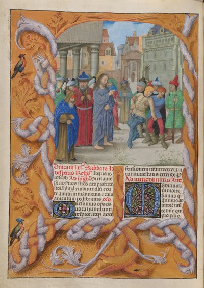 Temporal (1ª parte: do Primeiro Domingo do Advento ao Sábado Santo).
Cristo expulsando um demónio mudo (Terceiro Domingo da Quaresma). Fronteira e duas colunas de texto, com iniciais. de Master of the Dresden Prayer Books