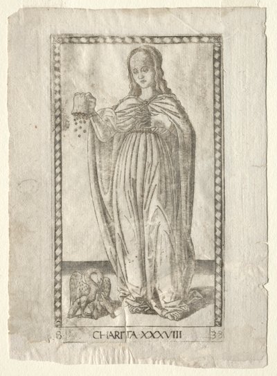Caridade do Tarocchi, série B: Princípios e Virtudes Cósmicos, nº 38, antes de 1467. de Master of the E Series Tarocchi