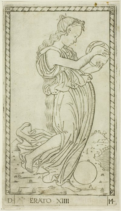 Erato, placa quatorze de Apolo e as Musas de Master of the E Series Tarocchi