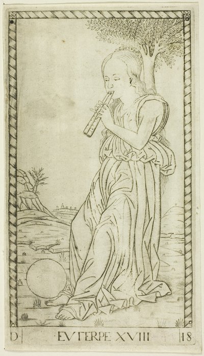 Euterpe, placa dezoito de Apolo e as Musas de Master of the E Series Tarocchi