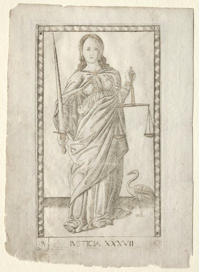 Justiça do Tarocchi, série B: Princípios e Virtudes Cósmicas, nº 37, antes de 1467. de Master of the E Series Tarocchi