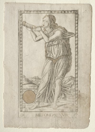 Tragédia de Melpomene da série D de Tarocchi: Apolo e as Musas, nº 17, antes de 1467. de Master of the E Series Tarocchi