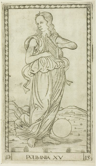 Polyhymnia, placa quinze de Apolo e as Musas de Master of the E Series Tarocchi