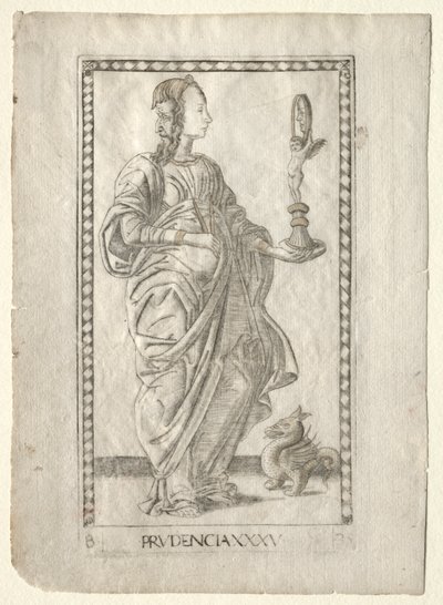 Prudência do Tarocchi, série B: Princípios e Virtudes Cósmicas, nº 35, antes de 1467. de Master of the E Series Tarocchi