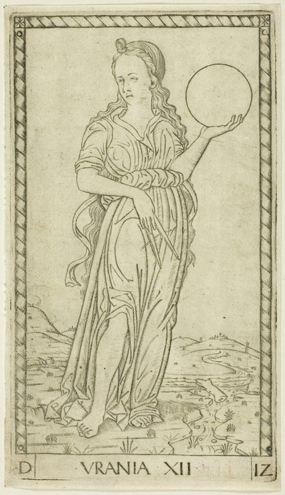 Urania, placa doze de Apolo e as Musas de Master of the E Series Tarocchi