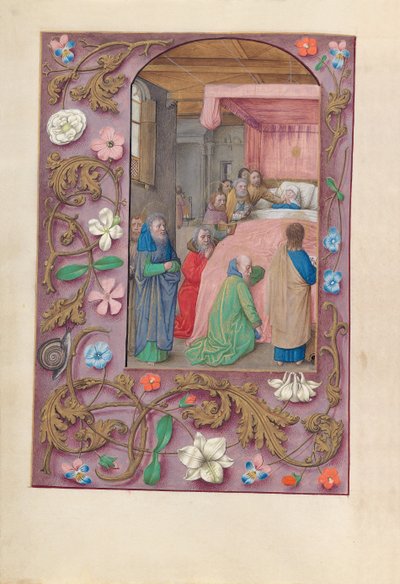 Horas da rainha Isabel, a católica, rainha da Espanha: Fol. 154v, Morte da Virgem, c. 1500. de Master of the First Prayerbook of Maximillian