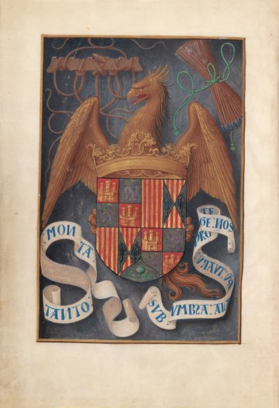 Horas da rainha Isabel, a católica, rainha da Espanha: Fol. 1v, Armas e lemas de Isabel ..., c1500. de Master of the First Prayerbook of Maximillian