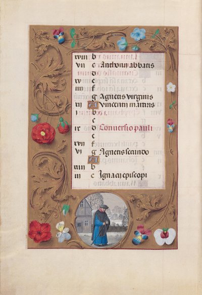 Horas da rainha Isabel, a católica, rainha da Espanha: Fol. 2v, janeiro - Paisagem de neve, c. 1500. de Master of the First Prayerbook of Maximillian