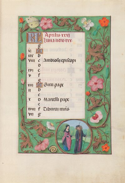 Horas da rainha Isabel, a católica, rainha da Espanha: Fol. 5 de abril - Squire e Damsel, c. 1500. de Master of the First Prayerbook of Maximillian