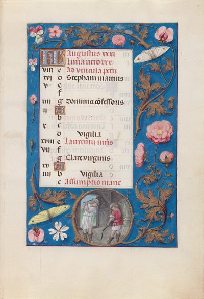 Horas da rainha Isabel, a Católica, rainha de Espanha:  Fol. 9r, agosto - Debulhar o trigo de Master of the First Prayerbook of Maximillian