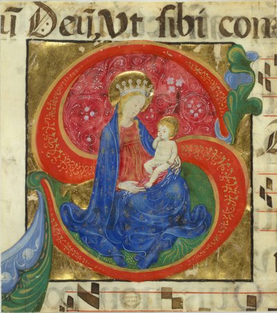 Iluminação Manuscrita com a Virgem e o Menino num S Inicial, de um Antifonário, meados do 15º cen de Master of the Franciscan Breviary