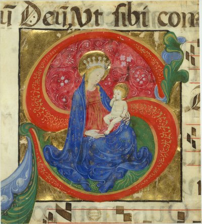 Iluminação Manuscrita com a Virgem e a Criança numa S..., meados do século XV. de Master of the Franciscan Breviary