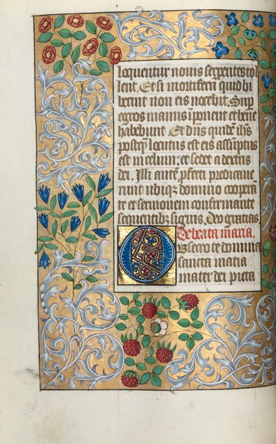 Livro de Horas (Uso de Rouen): fol. 18v, Orações à Virgem, inicial grande O com orla elaborada de Master of the Geneva Latini