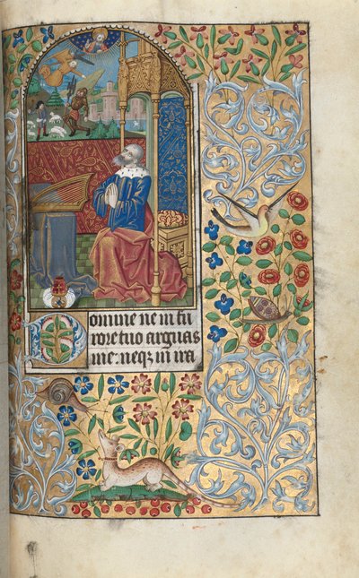Livro de Horas (Uso de Rouen): fol. 80r, Salmos Penitenciais de Abertura, David Penitente, ao longe David Matando Golias de Master of the Geneva Latini