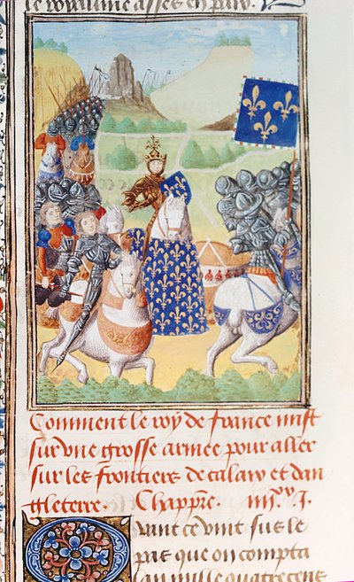 Harley 4380 fol.196v O Rei Carlos VI (1366-1422) de França lidera uma expedição contra Calais, da parte 2 Volume IV de "Crónicas de Froissart" de Jean Froissart (c.1333-1404) (vellum) de Master of the Harley Froissart
