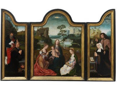 Virgem e Criança com Santa Catarina e Santa Bárbara, c.1520-25 (óleo sobre painel) de Master of the Holy Blood