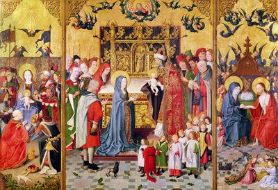 Retábulo das Sete Alegrias da Virgem, representando a Adoração dos Magos, A Apresentação no Templo e Cristo Aparecendo a Maria, c.1480 de Master of the Holy Family