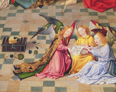 Músicos de Anjos do painel direito do retábulo das Sete Alegrias da Virgem, c.1480 (óleo sobre madeira) (detalhe de 215399) de Master of the Holy Family