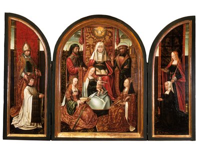 Um cânone com S. Viveiro (ala esquerda), A Família de S. Ana (painel central), Doador com Santa Isabel (ala direita), A Anunciação (fechada) c.1500-10 (óleo sobre painel) de Master of the Holy Family of St. Anne