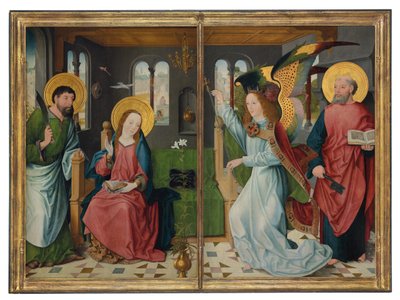 A Anunciação, com os santos Bartolomeu e Pedro, duas asas de um retábulo de Master of the Holy Kinship