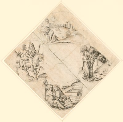 Desenho de um Quatrefoil com um castelo, dois amantes, uma donzela tentada por um tolo, um casal sentado junto a uma gamela e um cavaleiro e a sua amante montados num cavalo de Master of the Housebook