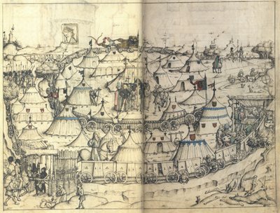 O Forte de Vagões do Livro Doméstico Medieval do Castelo Wolfegg, ca 1485 de Master of the Housebook of Wolfegg
