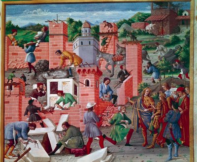 A construção da cidade de Roma. Os gémeos Romulus e Remus visitam o local (inspecção dos trabalhos e avanço dos trabalhos). Os trabalhadores estão activos na tarefa: Macões, alfaiates de pedra, portadores, mármore e cimento (preparação do cimento) no local de Master of the Innocent III missal