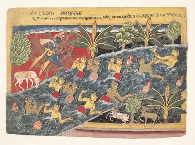 Os Gopis Plead com Krishna para devolver as suas roupas: Folio de Isarda Bhagavata..., ca. 1560-65 de Master of the Isarda