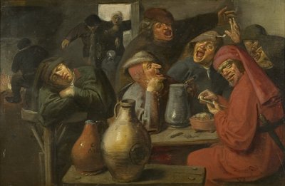 Interior de uma taverna, festa de camponeses, c.1635 (óleo no painel) de Master of the Large Jar