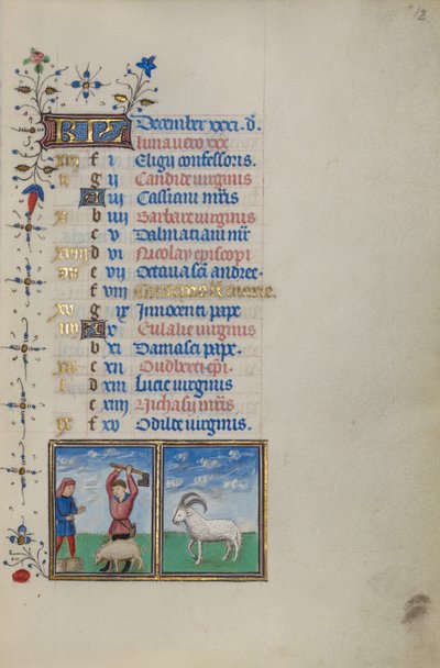 Página do calendário para dezembro; Abate de um porco; Capricórnio de Master of the Lee Hours