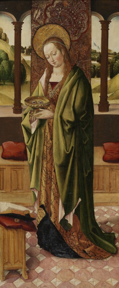 Tríptico de Virgem e Criança com Dois Anjos, detalhe de Santa Luzia do painel direito, c.1500 (ver também 225326, 225327) de Master of the Lee Triptych Master of the Lee Triptych