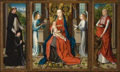 Tríptico de Nossa Senhora com o Menino e os Anjos; doador e seu patrono São Pedro Mártir; e São Jerónimo de Master of the Legend of Saint Lucy